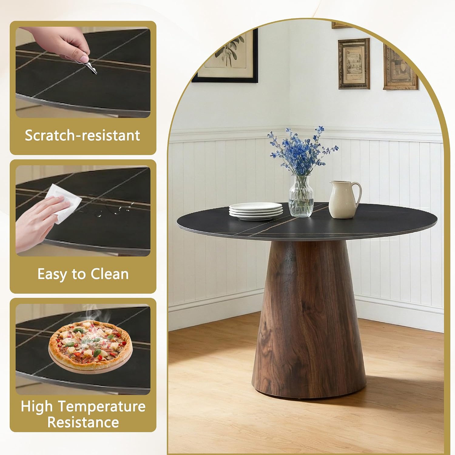 Faux Marble Round Dining Table for 4/5/6, 42' Modern Round Kitchen Table with Black Sintered Stone Top and Walnut Stable Pedestal for Apartment,Restaurant,Small Space