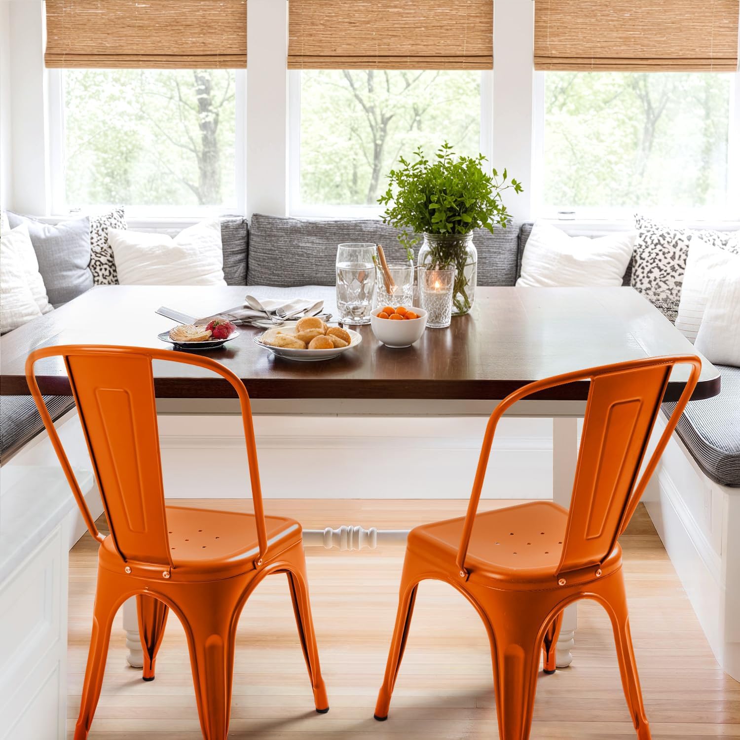 Furmax Metal Dining Chair Indoor Outdoor Use Stackable Classic Trattoria Chair Chic Dining Bistro Cafe Side Metal Chairs Set of 4 (Orange)