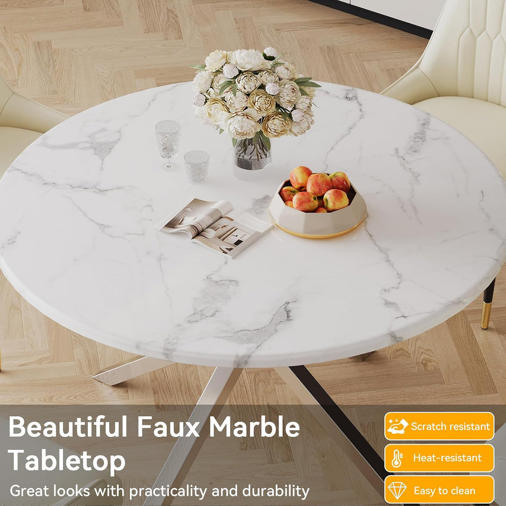White Round Marble Dining Table with Silver Stainless Steel Leg, 45.28' Small Circle Marble Kitchen Table for 2-4 Person, Mid Century Modern Dining Table for Dining Room Kitchen Living Room
