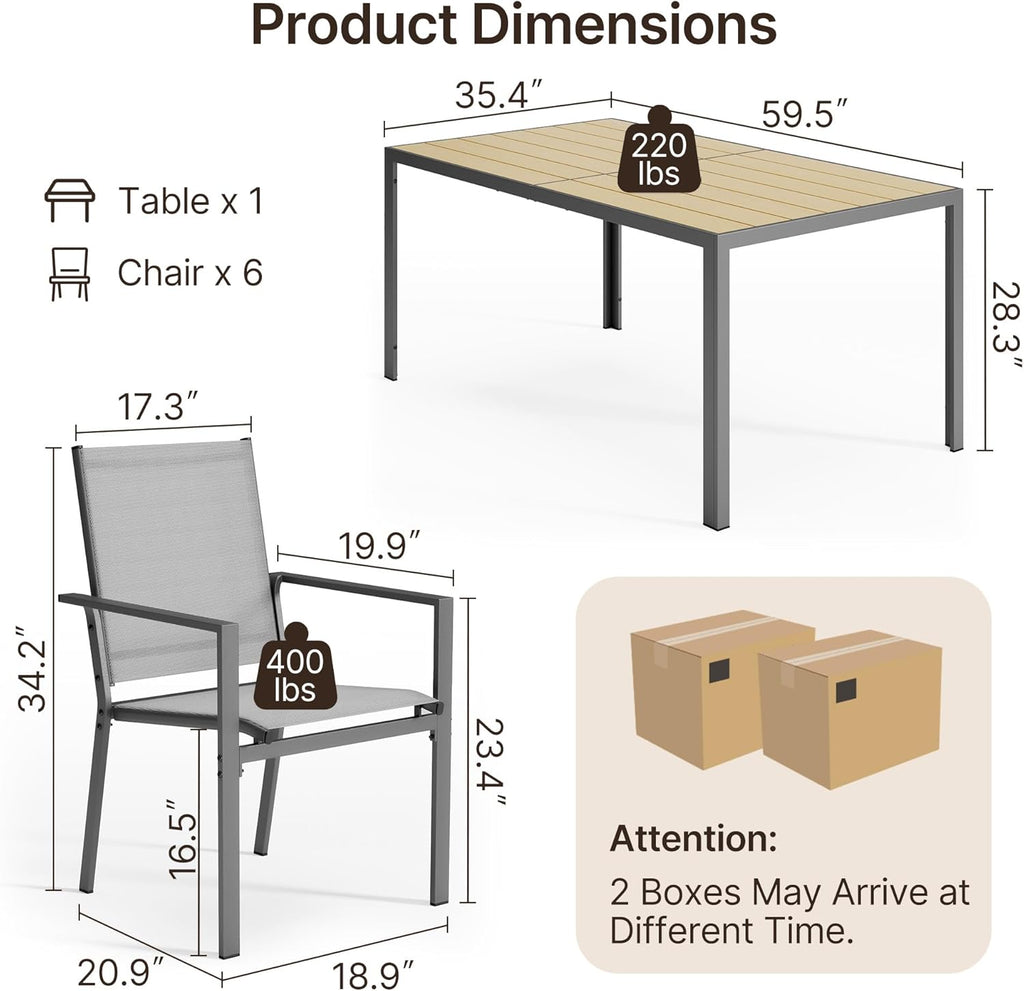 Ahomly Patio Table and Chairs Set for 6, Outdoor Dining Set Includes 59.5' Rectangle Patio Table with Side Umbrella Hole and 6 Textilene Fabric Patio Chairs for Courtyard, Backyard, Pool, Grey&Brown