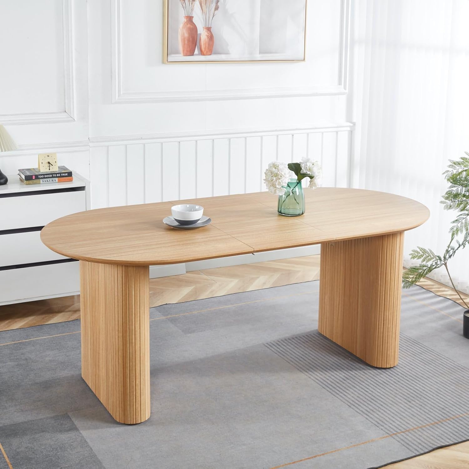 90.55' Oval Extensible Dining Table for 4 to 6,MDF Table Top Kitchen Table,Oak