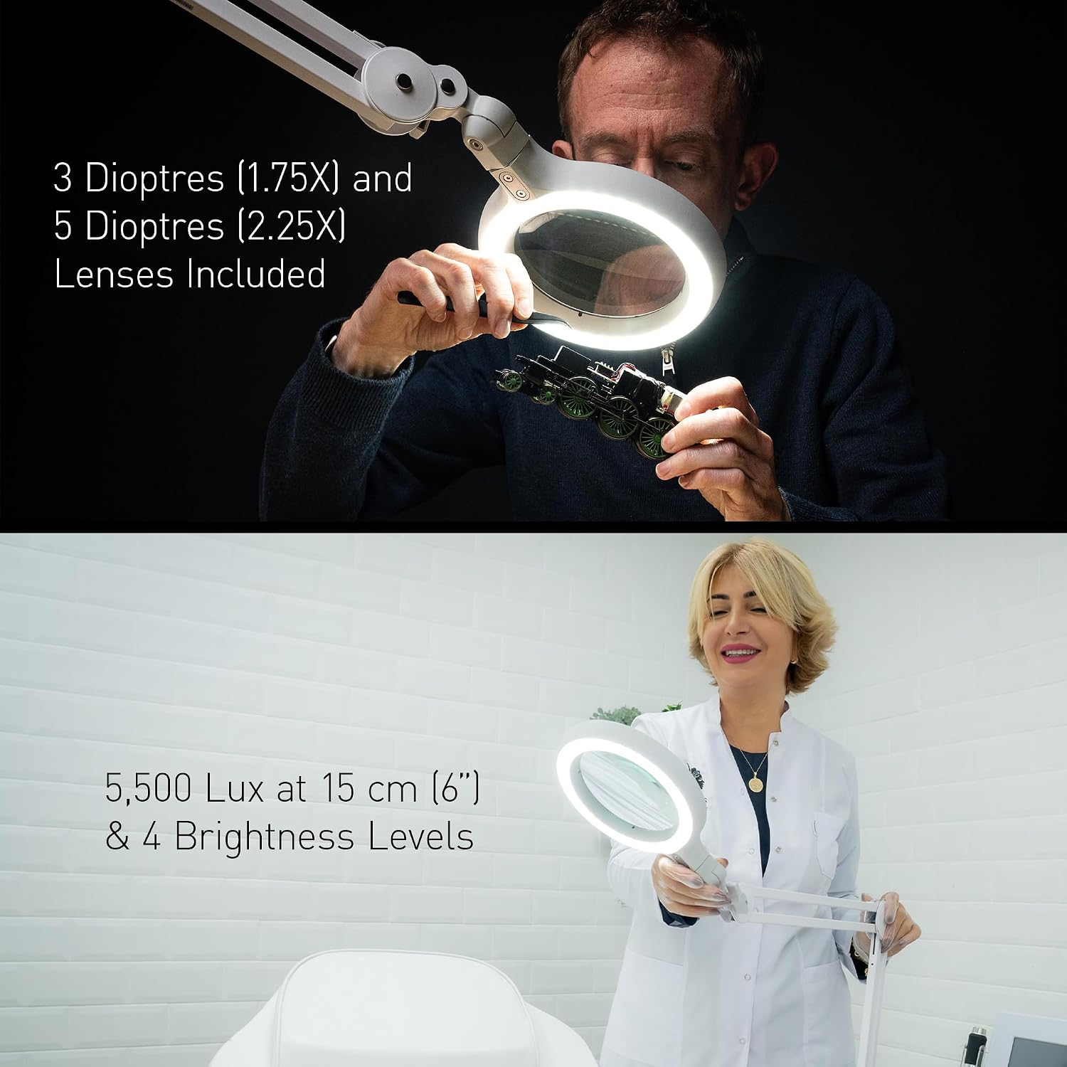 Omega 5 - Premium LED Magnifying Lamp with Interchangeable Glass Lenses, Adjustable Arm, and Dimmer Switch for Professionals in Health & Beauty, Model Making, and Low Vision Applications