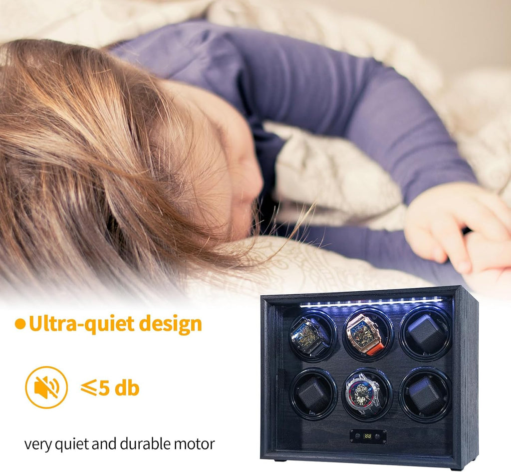 Watch Winder for 2/4/6/8 Automatic Watches, Watch Rotator for Rolex 15 Rotation Modes Display Box White Light, Watches Winder Case with USB-C Adapter, Present for Men Quiet Mabuchi Motor(≤5db)
