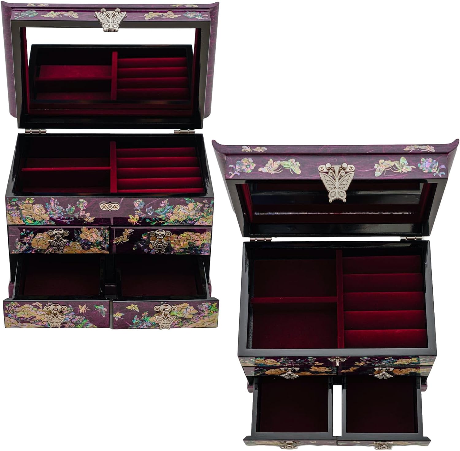 February Mountain Mother of Pearl Wooden Jewelry Organizer Box – Jewelry Storage Box for Women, Features Spacious Drawers, Ideal for Rings, Bracelets, Watches, Chains, Accessories (Peony_Purple)