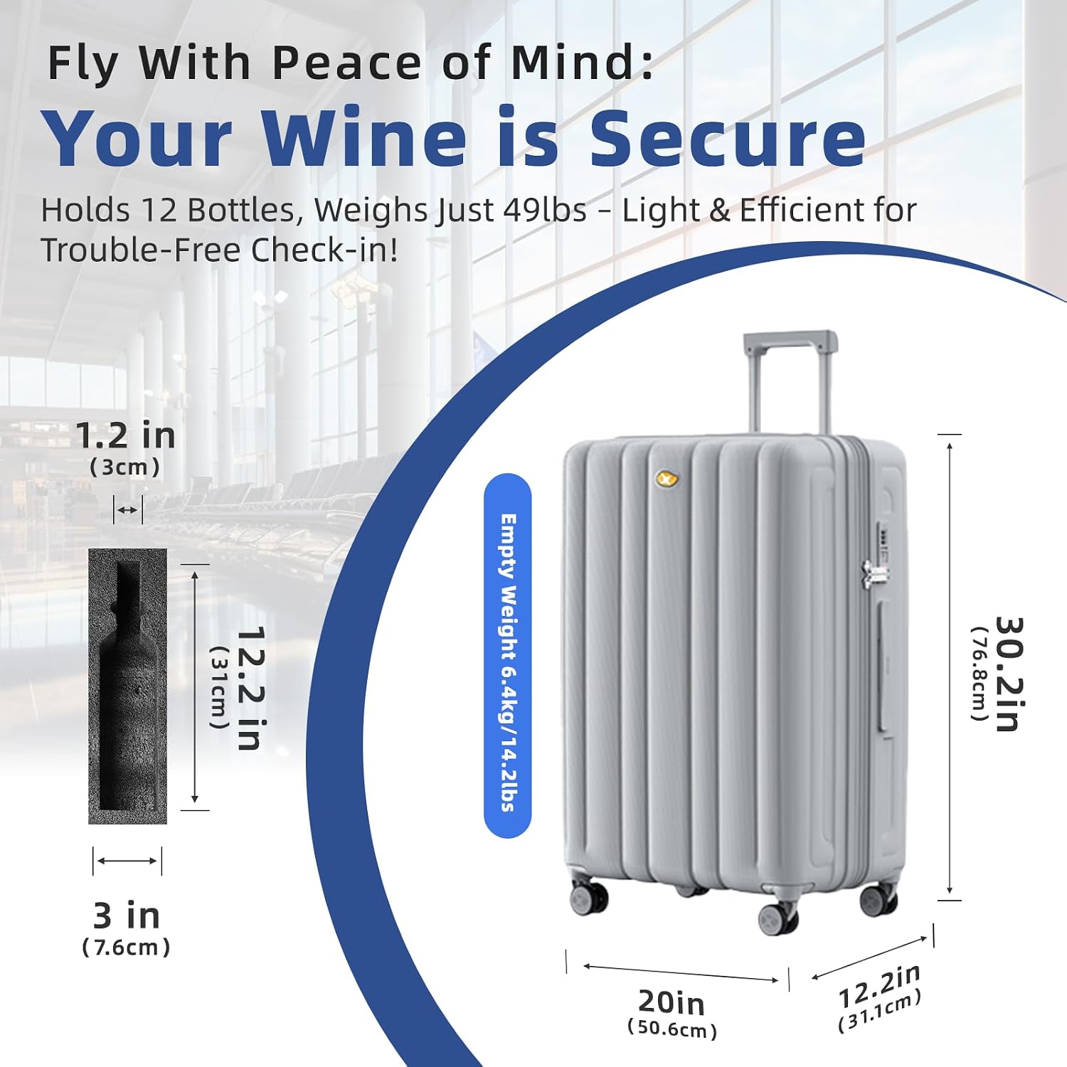 Wine Suitcase for Airplanes - 12 Bottle Capacity, Durable Shipping Box, Travel Case With TSA Lock, Versatile Carrier With Removable Inserts and Silent Spinner Wheels (Sleek Silver)