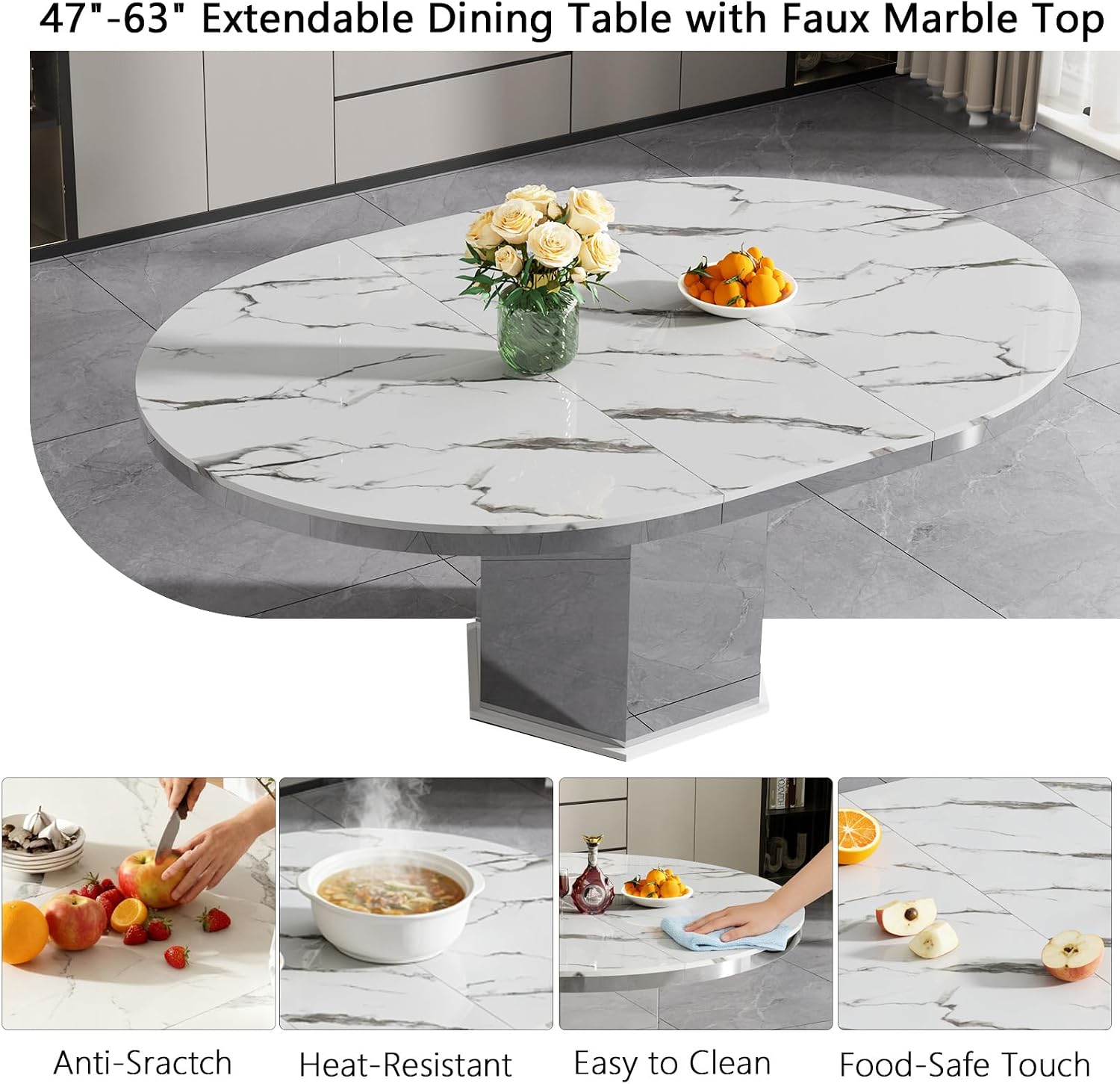 5 Pieces 47'-63' White Faux Marble Extendable Dining Table Set, Round Expanding Kitchen and Dining Room Table Set for 4 with Mirrored Acrylic Base & Beige Velvet Upholstered Chairs