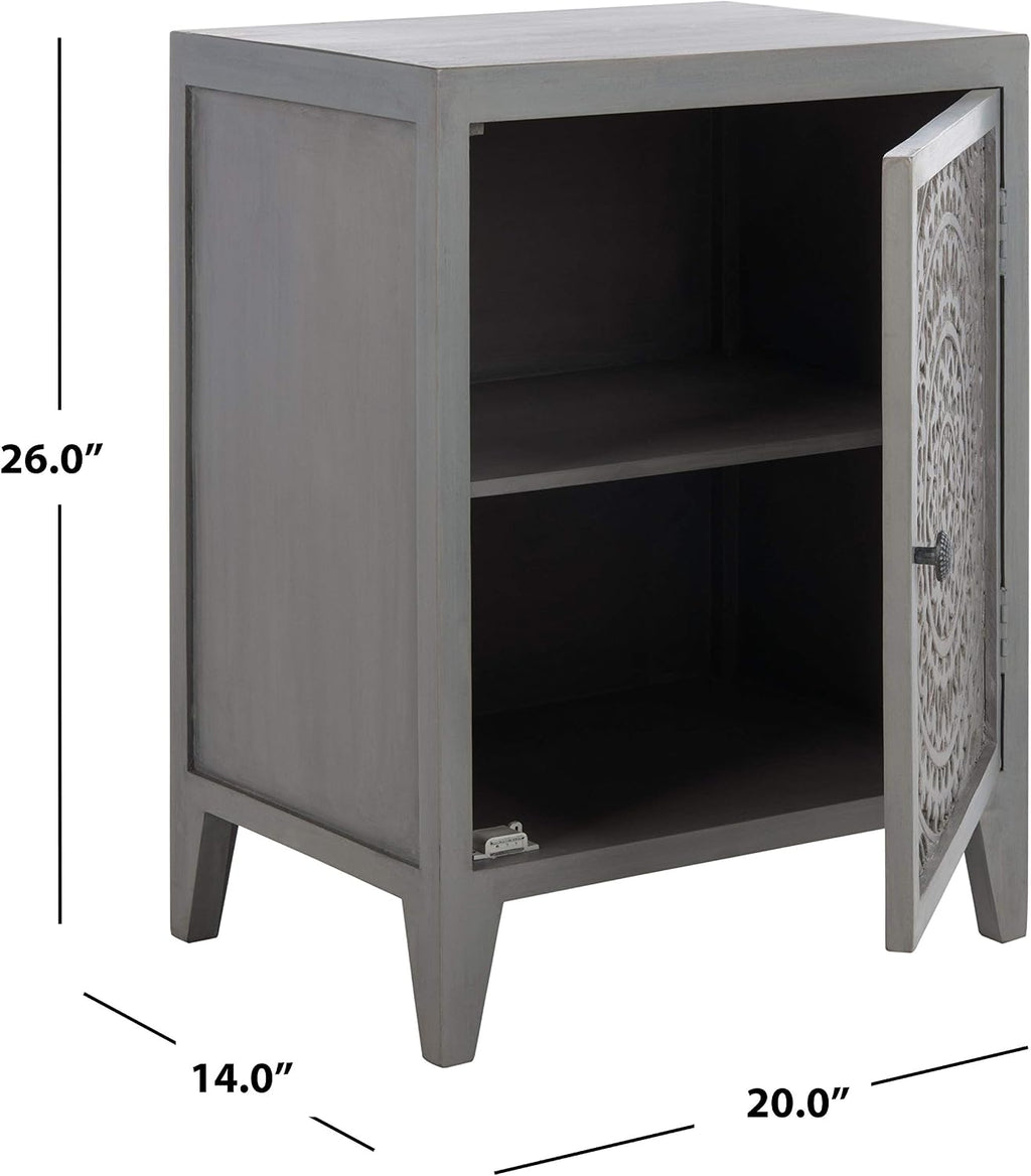 SAFAVIEH Furniture - Thea 1-Door Carved Nightstand - Grey Walnut - Mango Wood - Artisan Global Design - Ideal for Bedroom, 20'W x 14'D x 26'H - Fully Assembled (NST5300B)