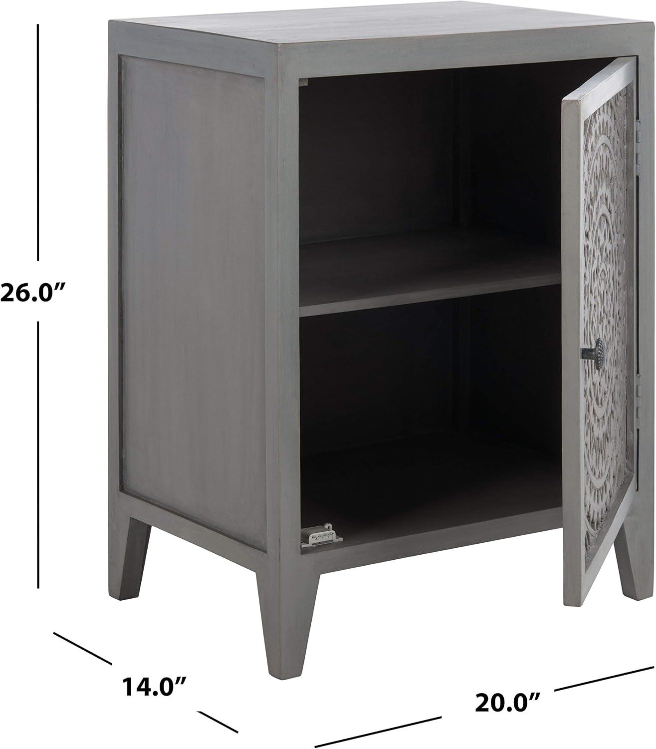 SAFAVIEH Furniture - Thea 1-Door Carved Nightstand - Grey Walnut - Mango Wood - Artisan Global Design - Ideal for Bedroom, 20'W x 14'D x 26'H - Fully Assembled (NST5300B)