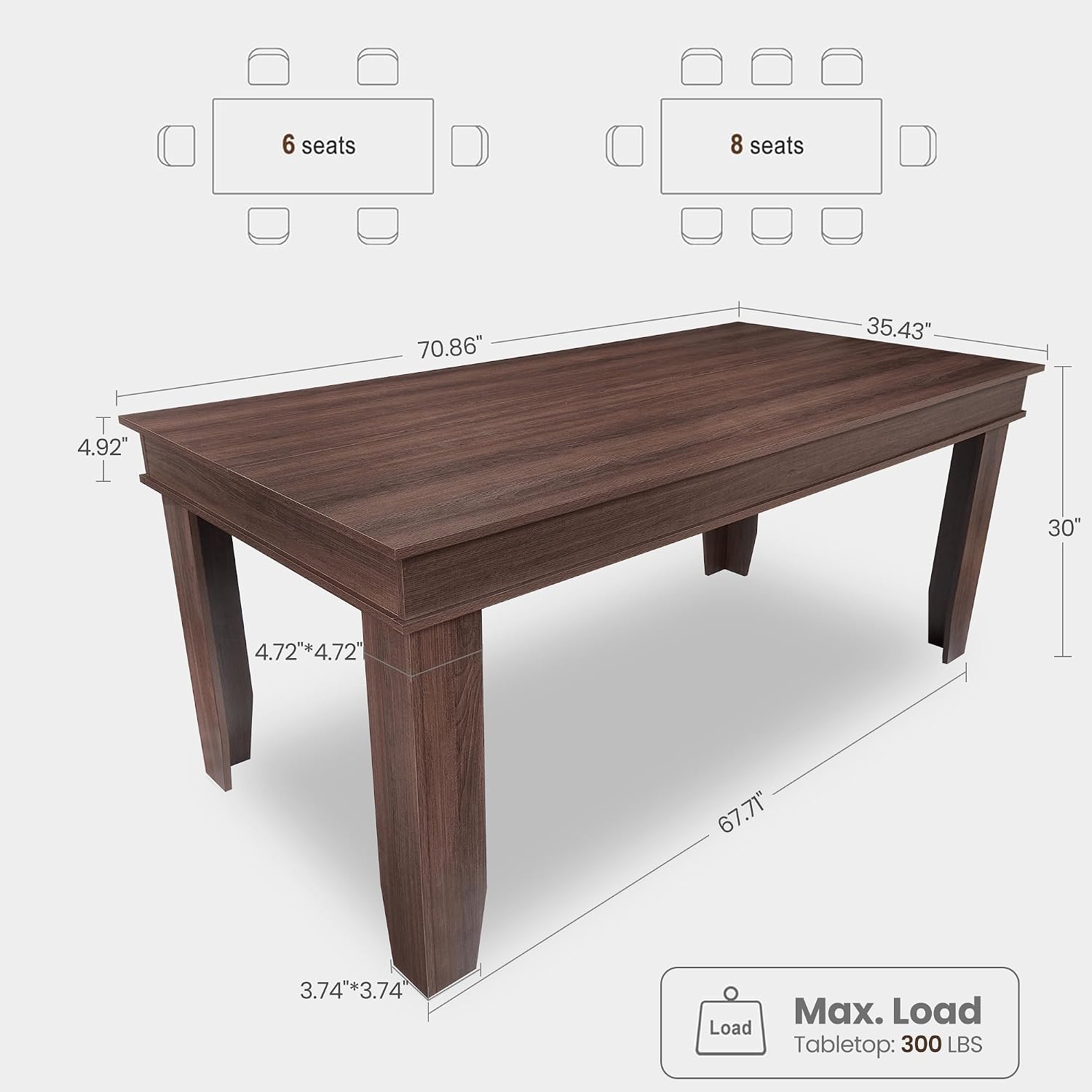 GarveeHome Farmhouse Dining Table for 6-8 People, 71 in Long Kitchen Tables with Wooden Sturdy Frame, 6 ft Large Rectangular Dinner Table for Dining Room, Kitchen (Brown, 71' Non-extendable)