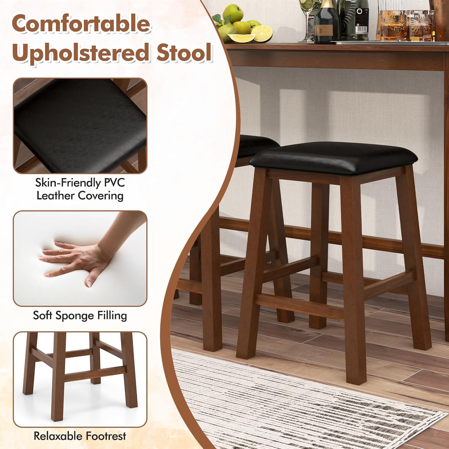 Tangkula 4-Piece Bar Table with Stools, Wooden Dining Bar Table & Chairs Set w/Power Outet, Kitchen Console Table w/ 3 Upholstered Stools for Living Room, Dining Room (Walnut Brown)