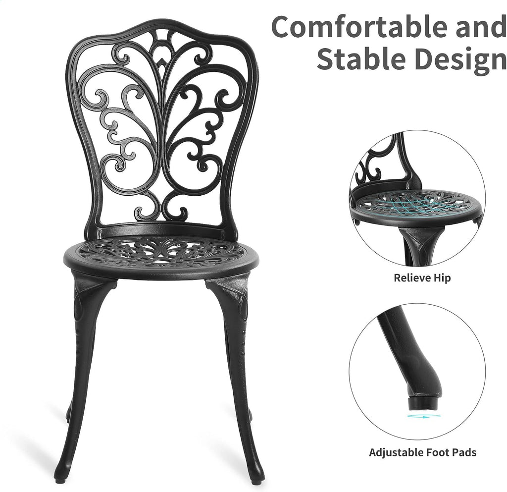 HOMEFUN Bistro Table and Chairs Set of 2 Outdoor 3 Piece Patio Set Butterfly Pattern Cast Aluminum Bistro for Garden Balcony, Durable Rust All-Weather Resistance (Black)
