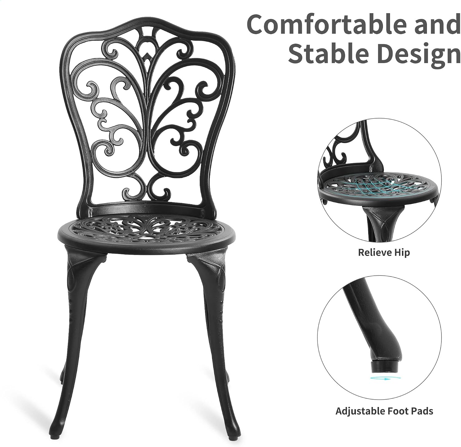 HOMEFUN Bistro Table and Chairs Set of 2 Outdoor 3 Piece Patio Set Butterfly Pattern Cast Aluminum Bistro for Garden Balcony, Durable Rust All-Weather Resistance (Black)