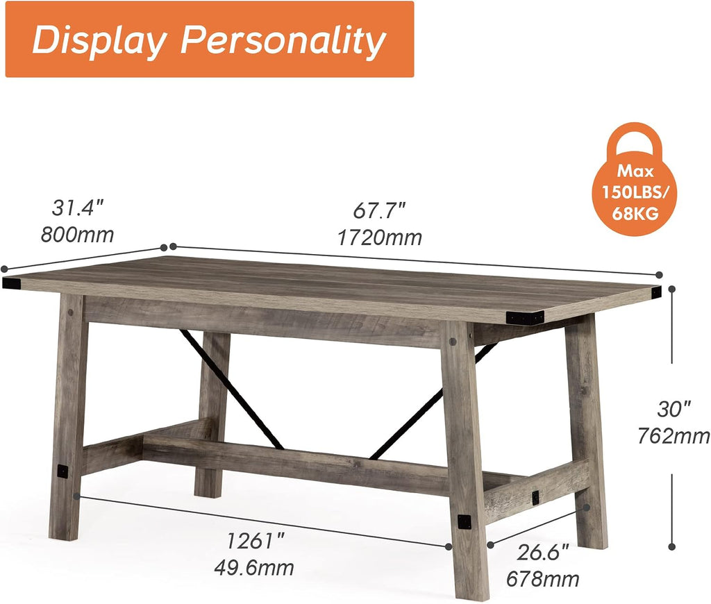 WAMPAT 4-6 Person Farmhouse Dining Table with Heavy Duty Wooden Legs, 67.7 Inch Rectangular Modern Wood Kitchen Table for Dining Room & Living Room, Rustic Grey