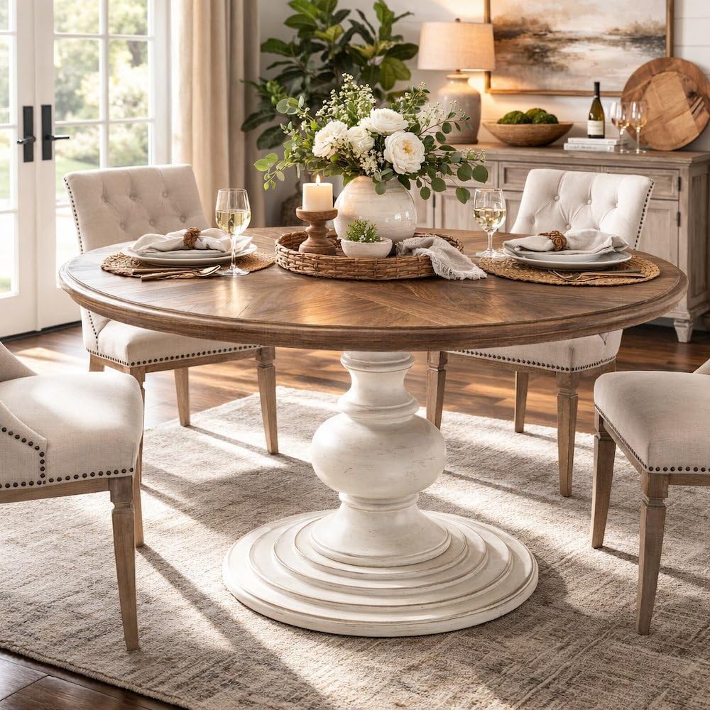 Starlight Canyon Home Brown Round Pedestal Dining Table with Wood Veneer and MDF Top, Ideal for Dining Room, Rustic or Modern Indoor Dining Spaces