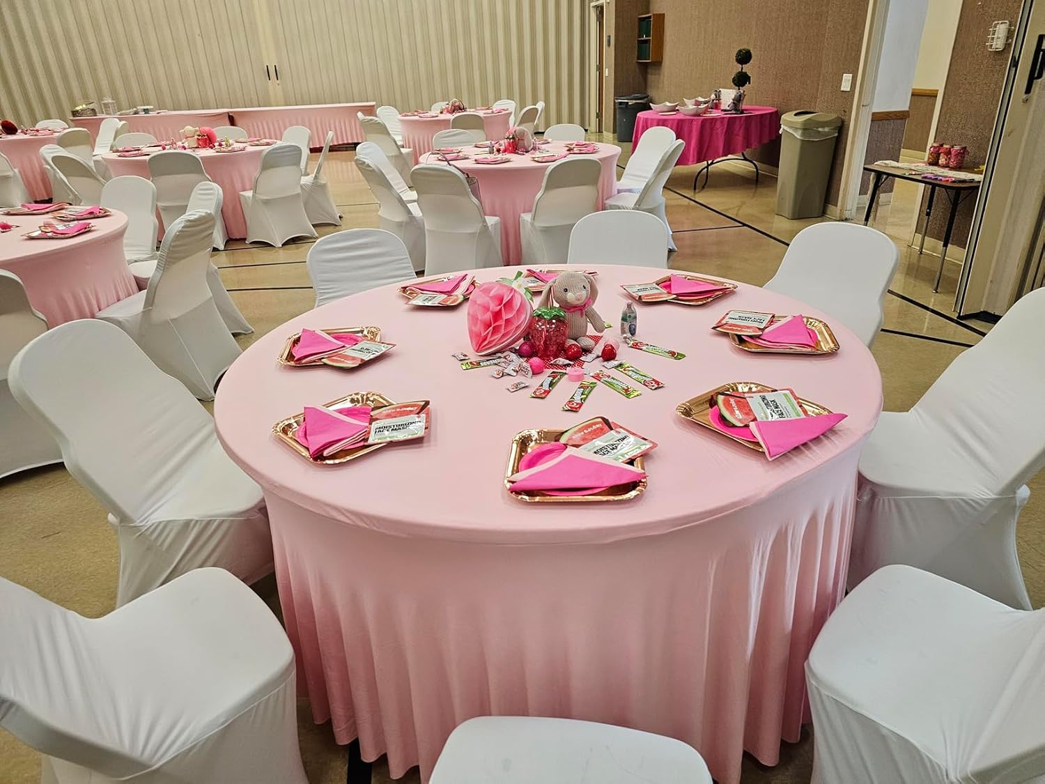 12 Pack Baby Pink Spandex Round Tablecloths for 60 inch Table, Wrinkle Free Stretchy 120inch Fitted 5FT Round Table Cloths Cover with Skirt for Wedding Party Dining Banquet Events