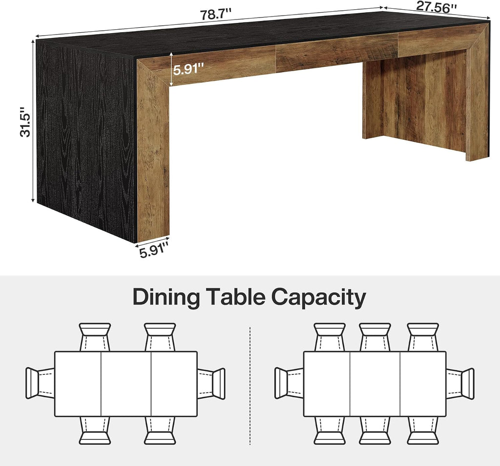 Tribesigns Extra Long Dining Table for 6-8 People, 78.7-Inch Rectangular Kitchen Table with Wooden Tabletop and Legs for Kitchen, Dining Room, Living Room, Heavy Duty, Black+Brown
