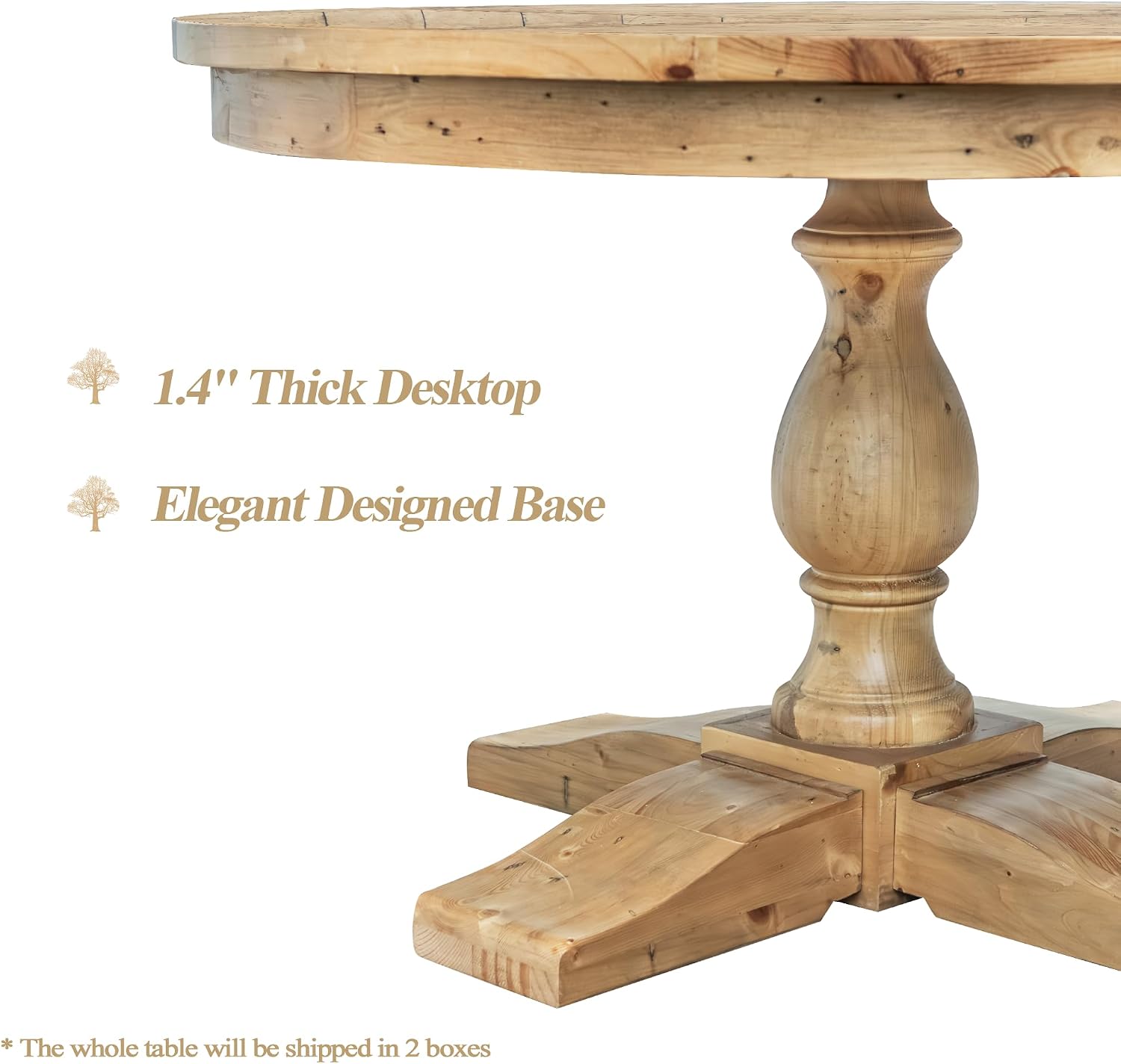 47' Round Dining Table with Wooden Pedestal Base, Antique Pine Wood Dinner Table for 4, Heavy Duty Pedestal Table for Kitchen/Dining Room/Living Room/Restaurant, Weathered Brown