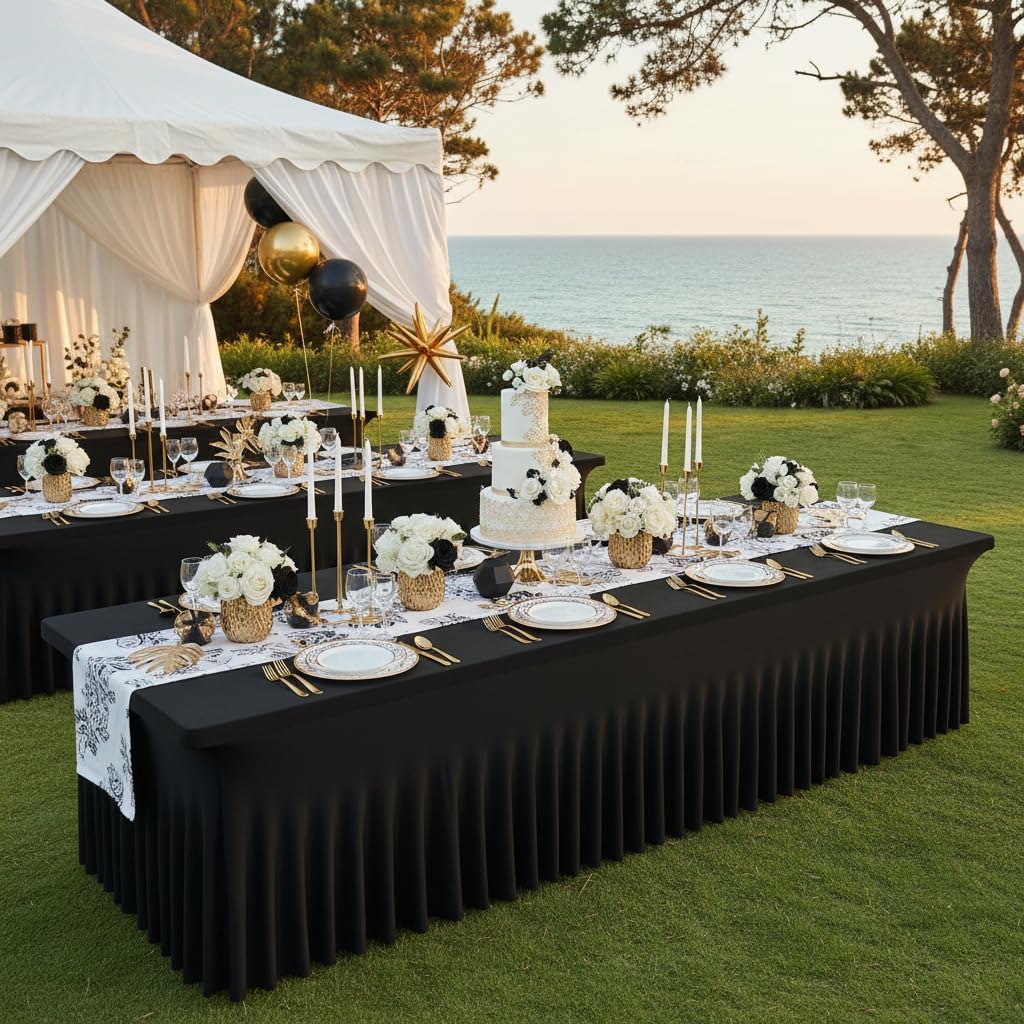 6 Pack Black Rectangle Tablecloth 72 Inch with Elastic Skirt - Wrinkle-Resistant Spandex Fitted 6FT Tables, Stretchable Table Cover for Wedding Banquet Birthday Party Buffet Restaurant