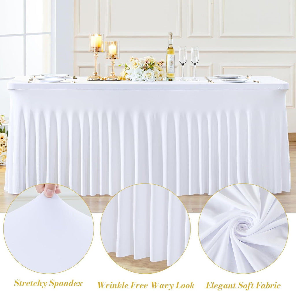 gogoparti 6 Pack Spandex White Fitted Table Cloth for 8ft Rectangle Tables White Stretch Tablecloth Table Covers Skirt Banquet Wrinkle Free Tablecloths for Parties Wedding