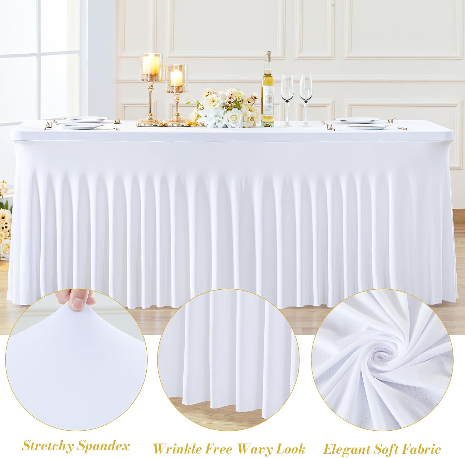 gogoparti 6 Pack Spandex White Fitted Table Cloth for 8ft Rectangle Tables White Stretch Tablecloth Table Covers Skirt Banquet Wrinkle Free Tablecloths for Parties Wedding