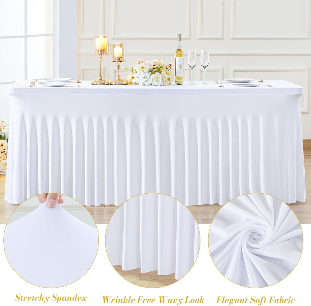 gogoparti 8 Pack Spandex White Fitted Table Cloth for 6ft Rectangle Tables White Stretch Tablecloth Table Covers Skirt Banquet Wrinkle Free Tablecloths for Parties Wedding