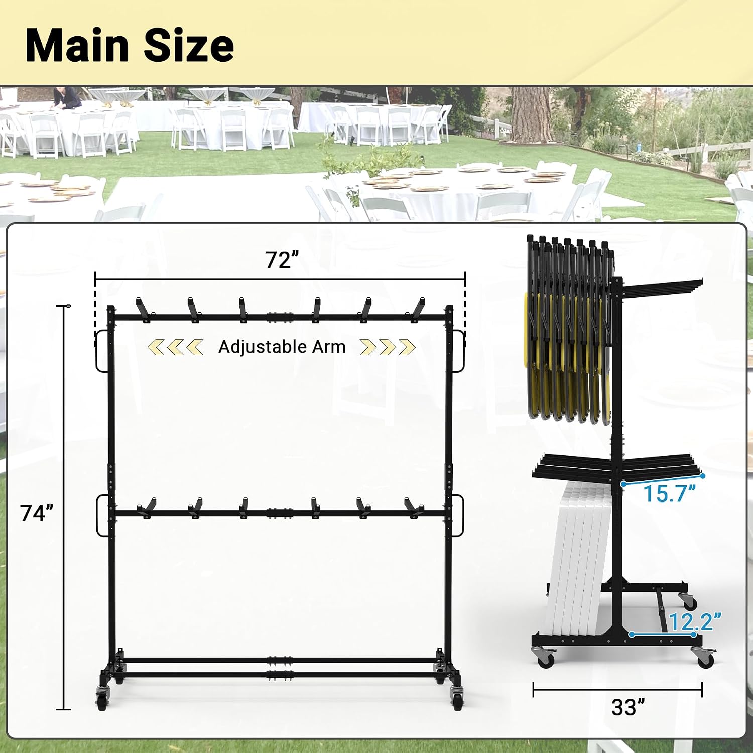 Updated Folding Chair Rack, Heavy-Duty Folding Chair Cart w/ 4 Swivel Wheels, Holds 12 Tables or 84 Chairs, Up to 1000 LBS Capacity, 2 Binding Ropes, 1 Dust Cover, 72'L x 33'W x 74'H, Black