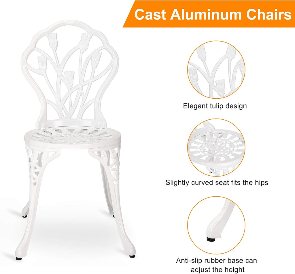 HOMEFUN Bistro Table and Chairs Set of 2 Outdoor 3 Piece Patio Set Tulip Pattern Cast Aluminum Bistro for Garden Balcony, Durable Rust All-Weather Resistance (White)