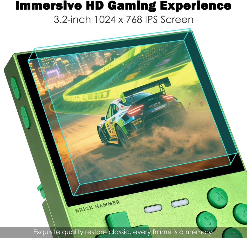 Trimui Brick Hammer Handheld Game Console with 3.2 inch IPS Screen and 3000mAh Battery, Retro Video Games Console with Pre-Installed 64GB TF Card and WiFi Function (Wild Green)
