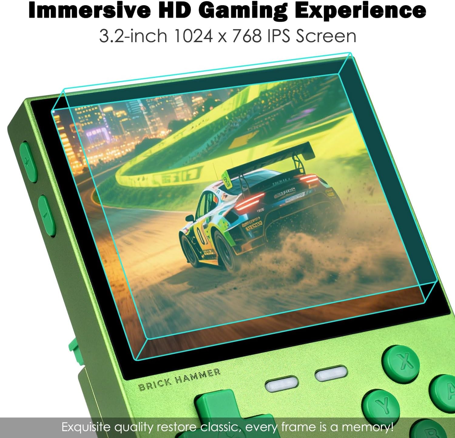 Trimui Brick Hammer Handheld Game Console with 3.2 inch IPS Screen and 3000mAh Battery, Retro Video Games Console with Pre-Installed 64GB TF Card and WiFi Function (Wild Green)