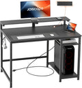 JOISCOPE Home Office Desk with Power Outlets (3AC, USB, Type-C), 40 × 20 Inch Computer Desk with Reversible Shelves, Laptop Table with Display Riser, Gaming Study Drafting Table for Bedroom, Black