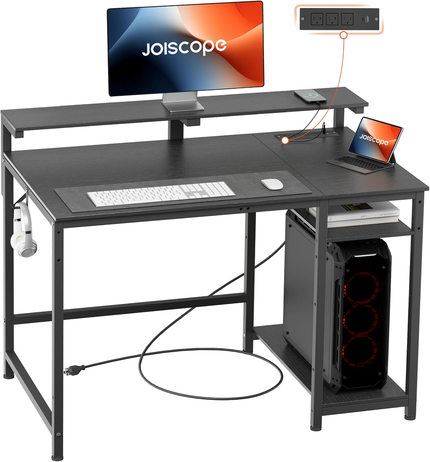 JOISCOPE Home Office Desk with Power Outlets (3AC, USB, Type-C), 40 × 20 Inch Computer Desk with Reversible Shelves, Laptop Table with Display Riser, Gaming Study Drafting Table for Bedroom, Black