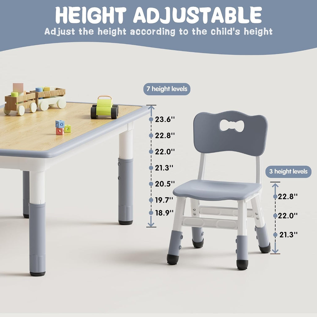 Brelley Kids Table and 6 Chairs Set, Height Adjustable Toddler Desk and Chair Set, Graffiti Desktop, Classroom/Daycare/Home, Children Multi-Activity Table for Ages 2-8