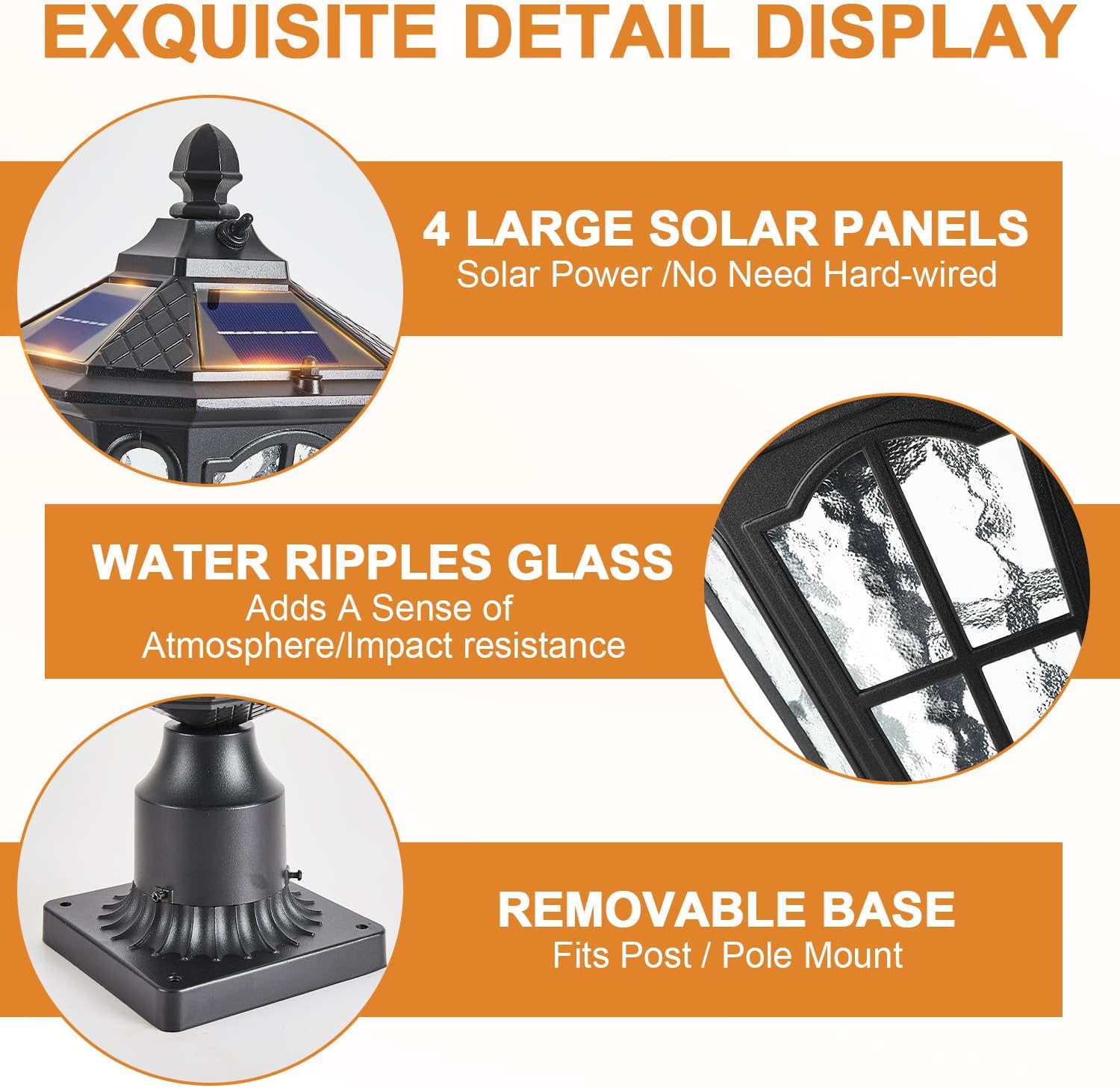 2 Pack Outdoor Solar Lamp Post Light with Pier Mount Base, Dusk to Dawn Aluminium Classic Exterior Pole Lamps with Water Ripple Glass, Solar Pillar Lights for Fence, Gate, Driveway, Black