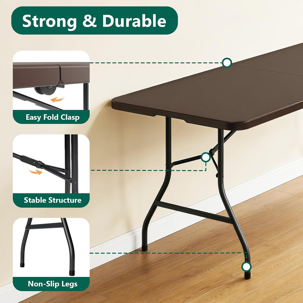 6FT Folding Table, Heavy Duty Plastic Fold-in-Half Utility Table with Handle, Portable Camping Picnic Table with Steel Legs for Indoor Outdoor Party, Dining, Brown,2 Pack