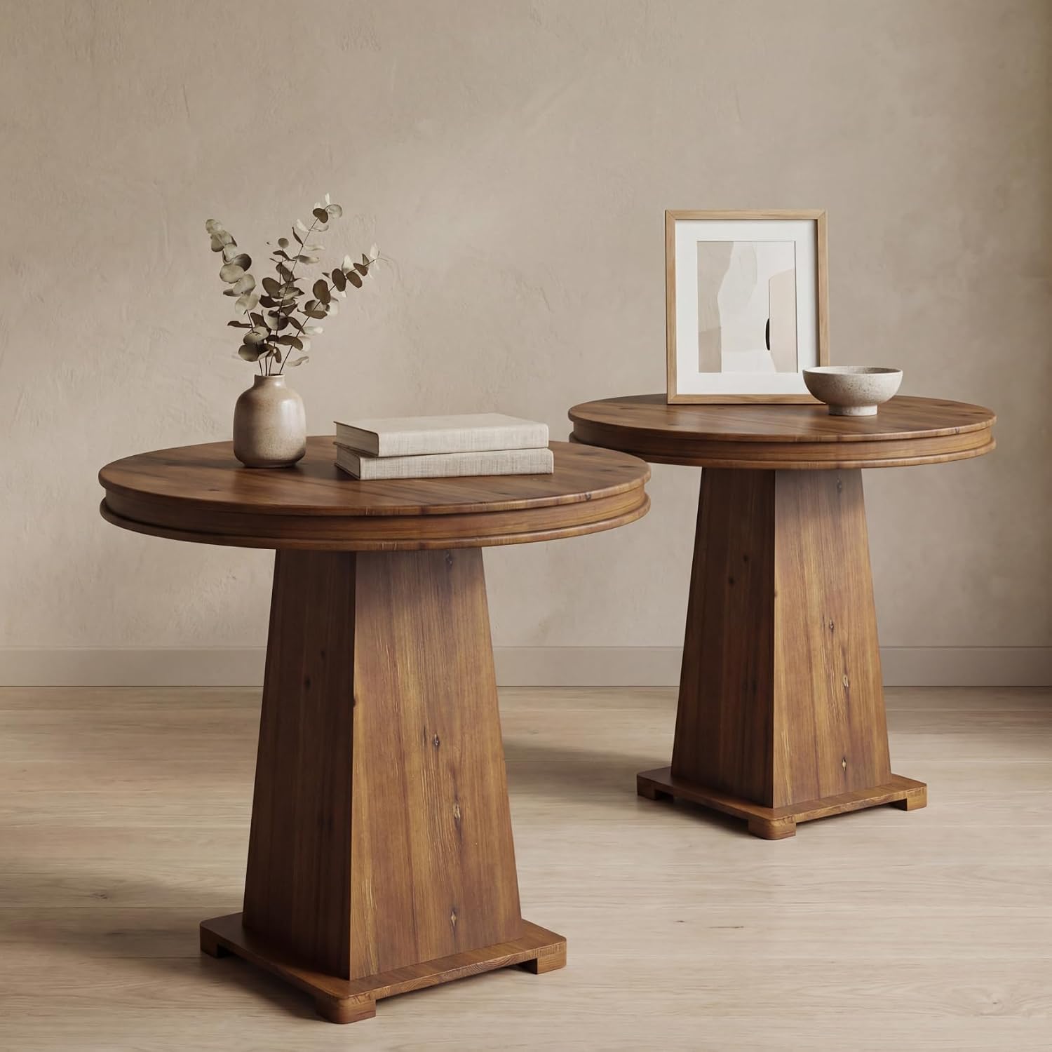 LITTLE TREE Solid Wood Round Dining Table, 31.5' Small Kitchen Table for 2, Modern Farmhouse Dinner Table for Dining Room, Kitchen, Living Room, Artistic Geometric Base, Table Only (Rustic Brown) 2PCS