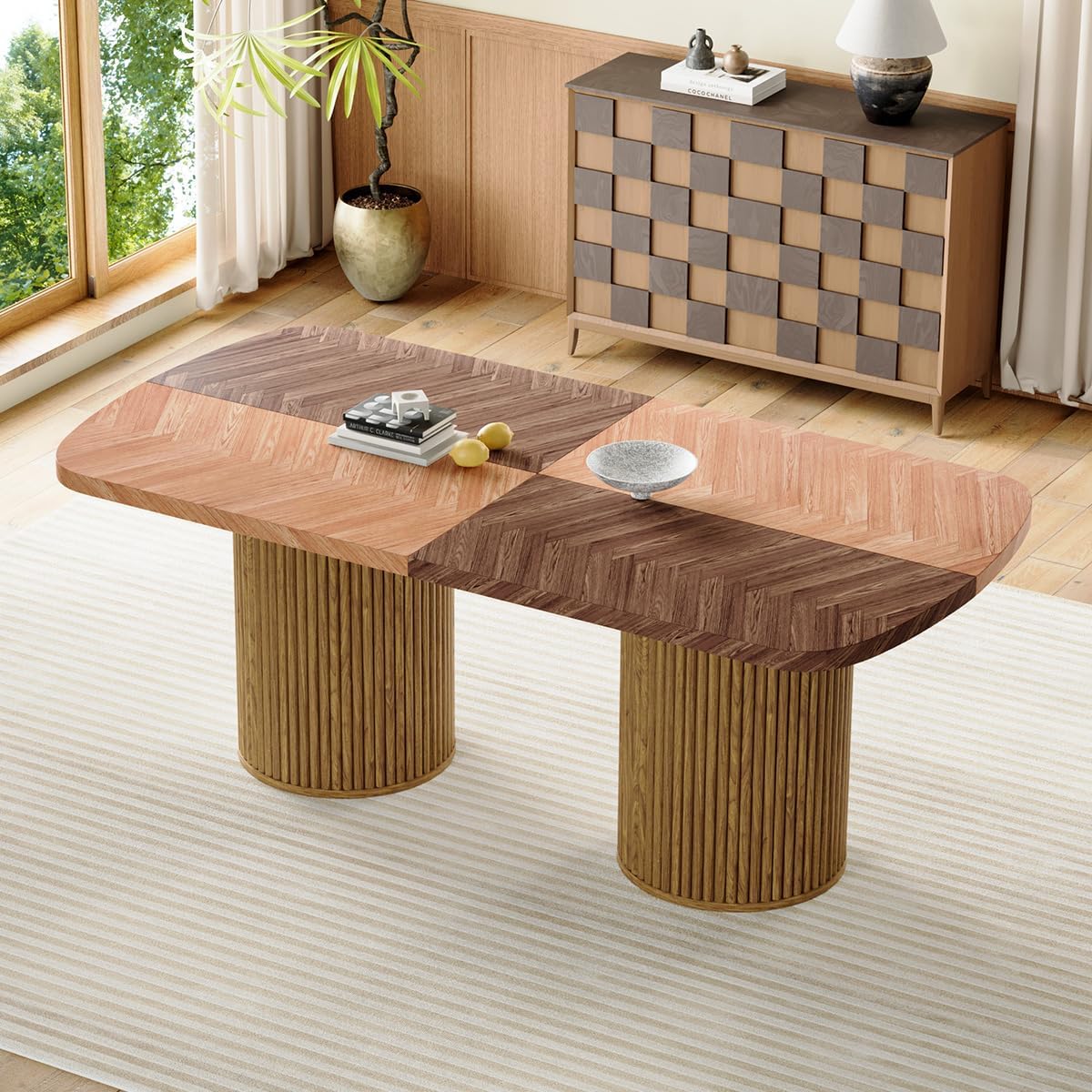 78.7' Extra Long Dining Table for 6-10 People, Farmhouse Kitchen Table with Cylindrical Fluted Bases, Modern Rectangular Dining Table for Dining Room, Kitchen, Living Room