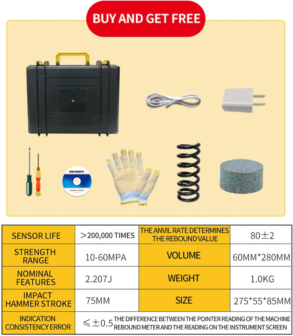 Portable Concrete Hammer Tester, Resiliometer Hammer with Digital Display Color Screen, Voice Broadcasting, Test Scope of 10-60Mpa, for Concrete Measurement in Buildings Inspections