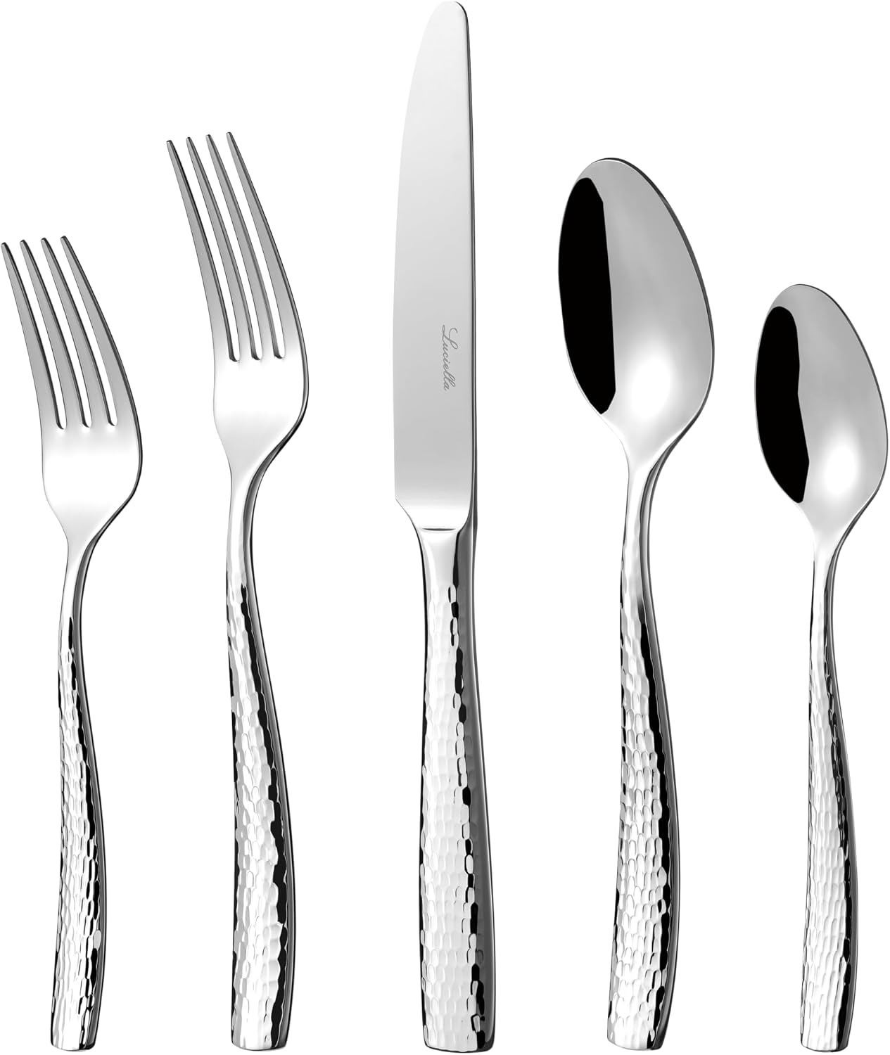 Luciella Ponza Flatware Set for 8, 45-Piece Stainless Steel Silverware Set with Serving Utensils, Timeless Hammered Design, Rust-Resistant, Mirror Polished & Dishwasher Safe, House Warming Gifts