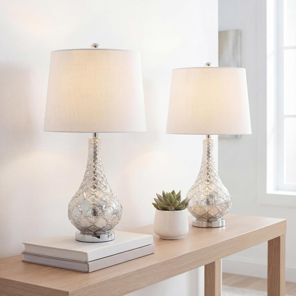 JONATHAN Y 25.5' Mercury Silver Glass Table Lamp Set of 2 for Bedroom, Contemporary Transitional Trellis Lamps for Living Room, White Linen Shade, LED Bulbs Included JYL1077A-SET2