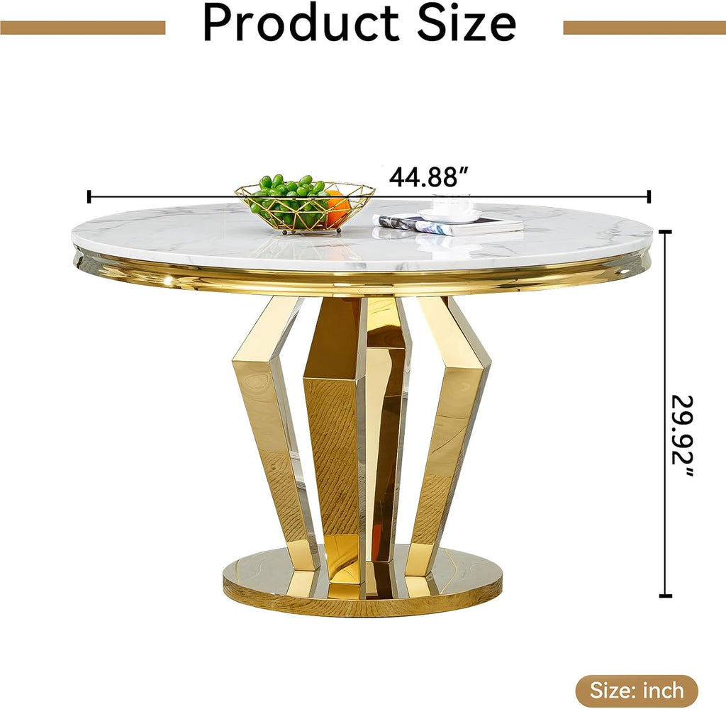 45 in Round Marble Dining Table for 4 to 6, Modern Circular White Faux Marble Kitchen Table with Gold Diamond Stainless Steel Base, Round Kitchen Dining Room Table for Breakfast Dinette Dinner Party