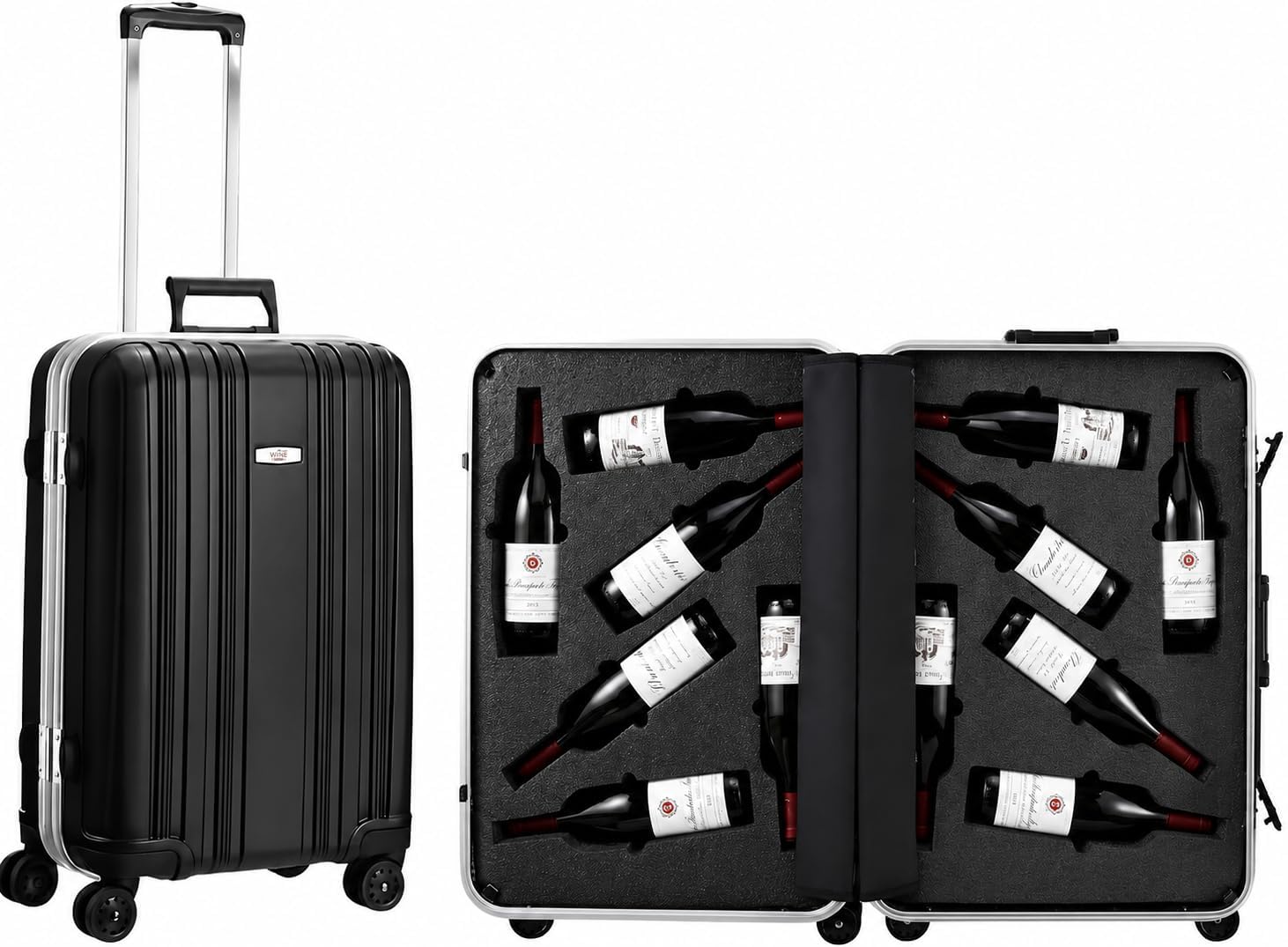 Wine Suitcase for Airplanes 12 Bottle Aluminum Wine Luggage for Airplane Travel with TSA Approved Lock & Removable Insert, Black Hard Shell Case with Expensive High-Strength Aluminum Protection Frame
