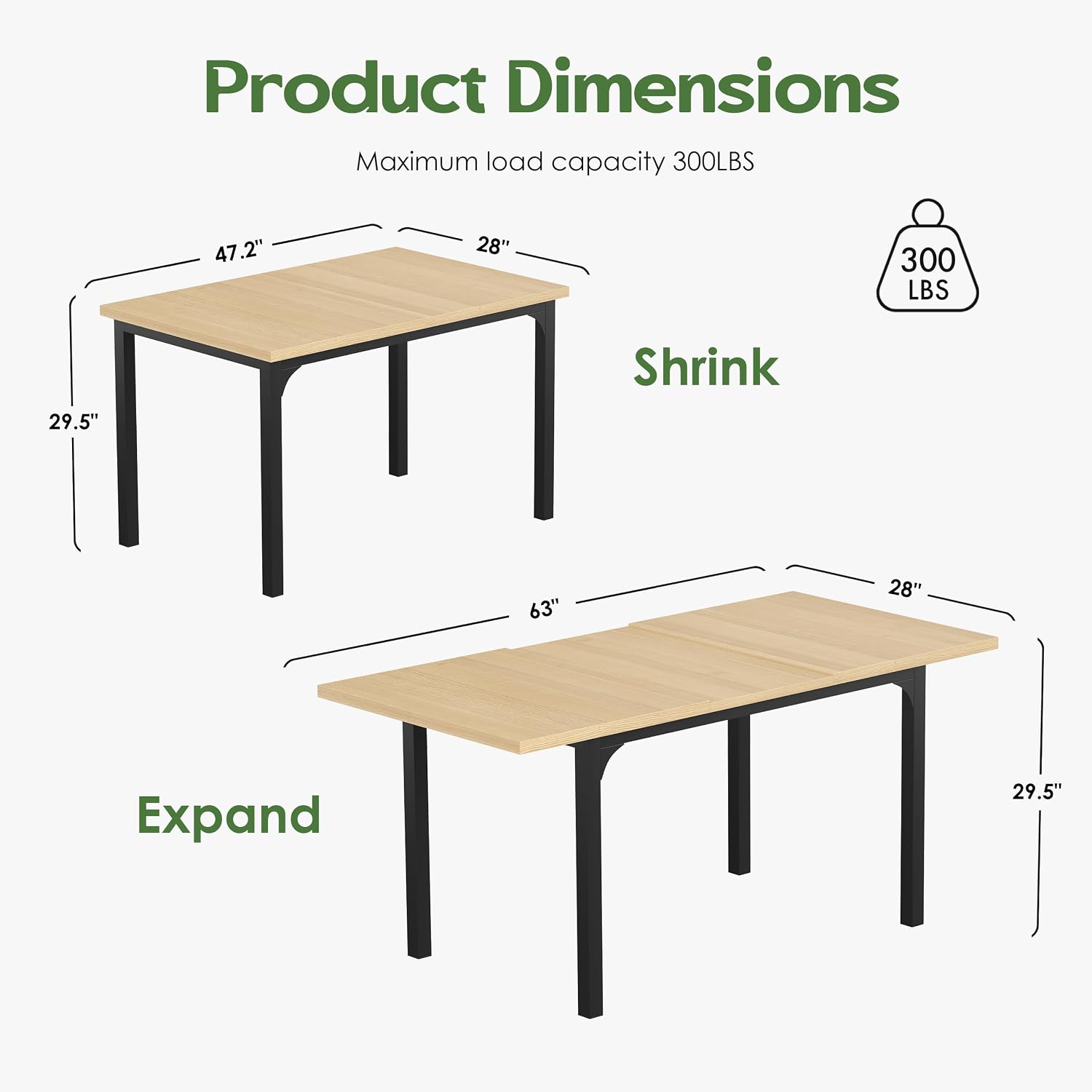 Extendable Dining Table, Rectangle Kitchen Table for 4-8 People, Modern Wooden Dinner Table with Strong Metal Legs, Space Saving Expandable Dining Room Table for Restaurant, Conference, Natural