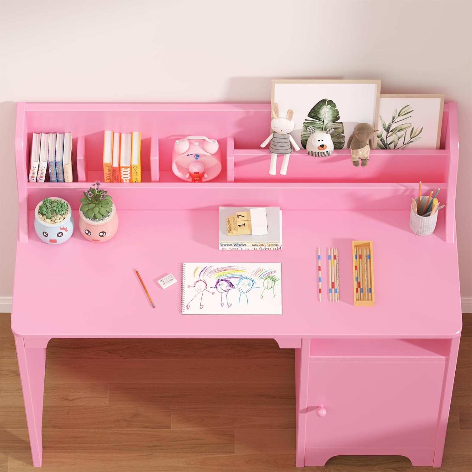 Kids Study Desk with Chair,Wooden Children Study Table, Kids Desk & Chair Sets with Hutch and Storage Cabinet for 3-12 Year Old, Student Writing Desk Computer Workstation for Kids Bedroom & Study Room