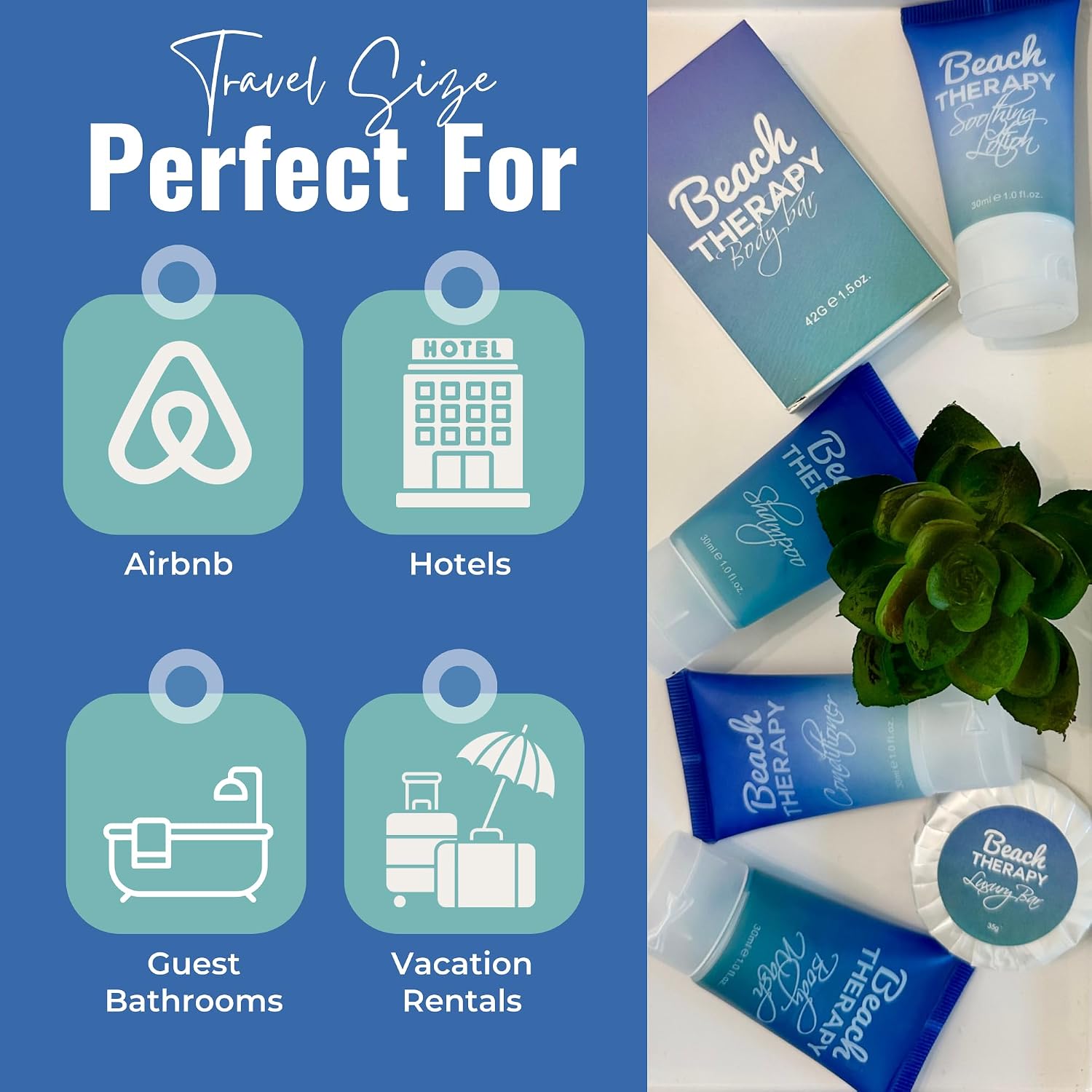 Beach Therapy - Complete Hotel Toiletry kits with 1oz Travel Size Shampoo, Conditioner, Body Wash, Lotion, and 2 Hotel Soaps. Air BnB Essentials - Rental Ready Kit (120 Piece)
