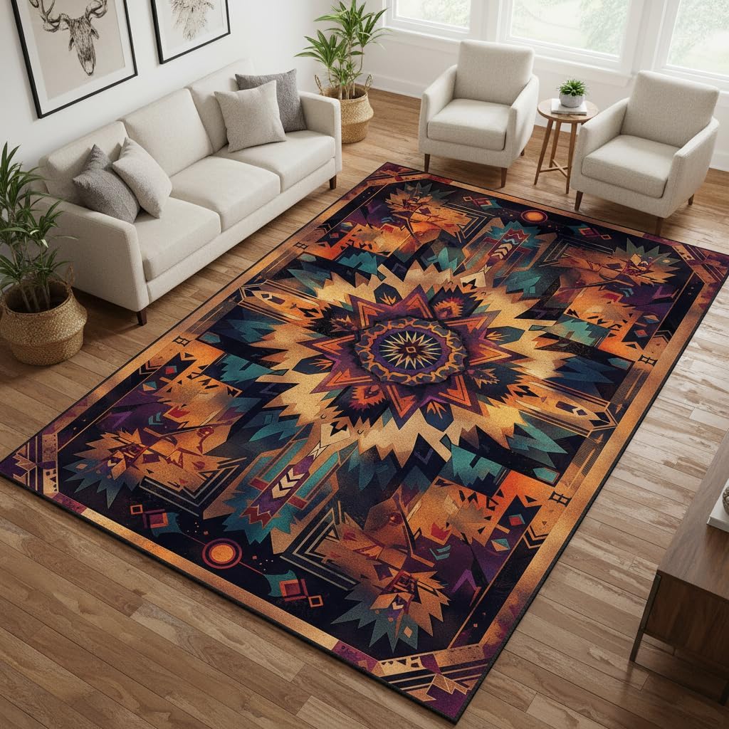 Southwestern Aztec Area Rug 6'x9' – Tribal Geometric Pattern Carpet for Living Room, Rustic Washable Boho Accent Decor, Native Inspired Non-Slip Floor Mat for Bedroom, Living Room, Cabin Lodge
