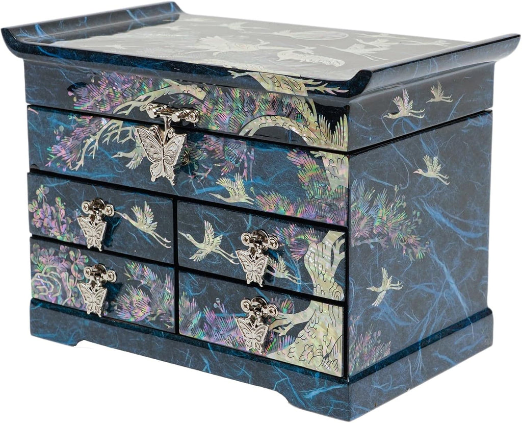 February Mountain Mother of Pearl Wooden Jewelry Organizer Box – Jewelry Storage Box for Women, Features Spacious Drawers, Ideal for Rings, Bracelets, Watches, Chains, Accessories (Crane_Blue)