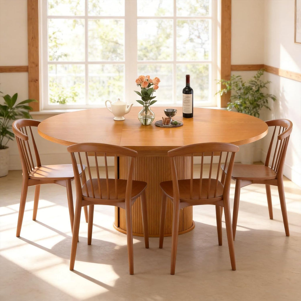 Extendable Round Dining Table: 47″–63″ Kitchen Table for 4 6 8 with Dust-Proof 2-Tier Storage Shelf Space Saving, Modern Farmhouse Expandable Wood Oval Circle Dinner Furniture with Pedestal Base