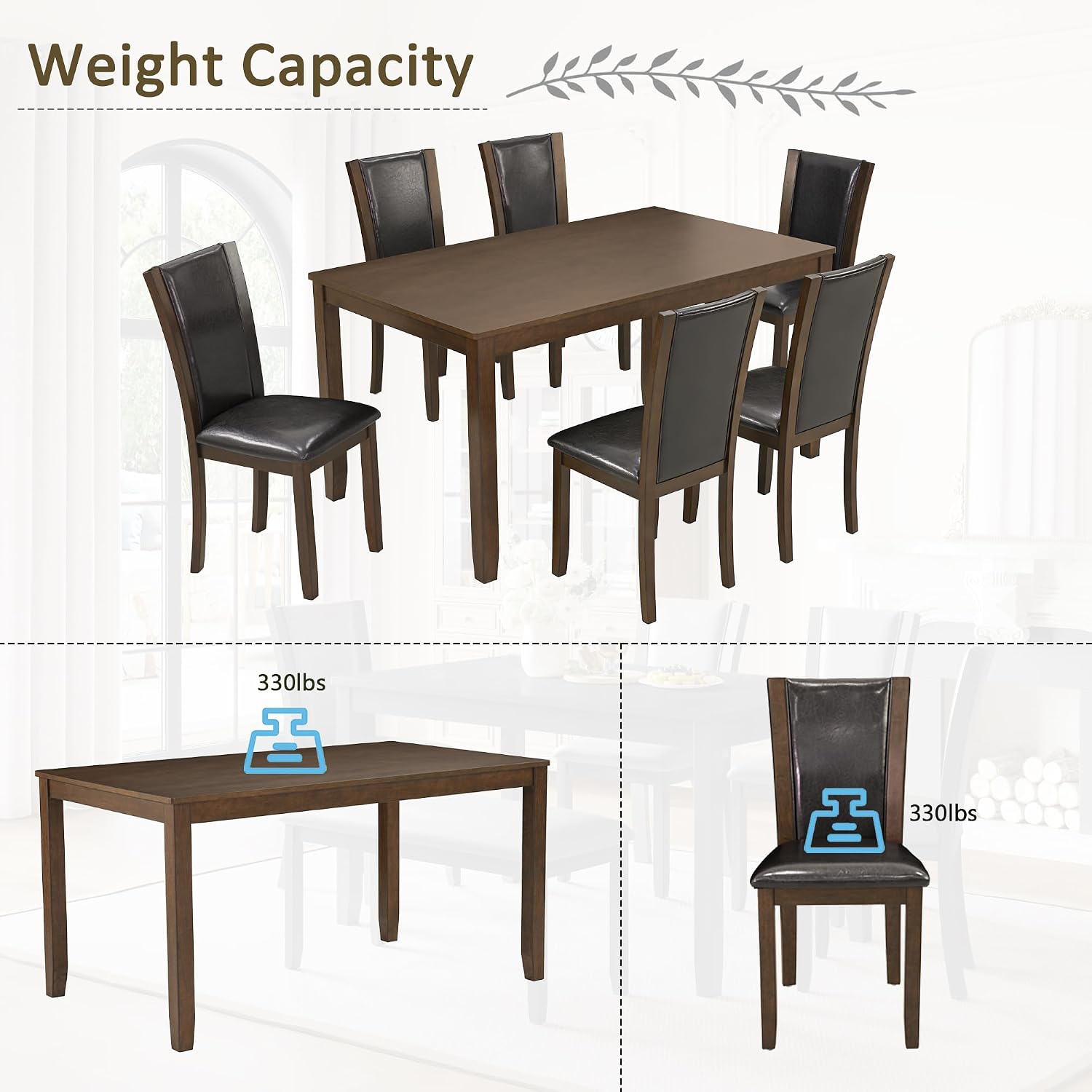 LUMISOL 7-Piece Modern Dining Table Set with Upholstered Chairs of 6, Wooden Rectangular Table for 6-8 People, Farmhouse Kitchen Set for Restaurant, Walnut
