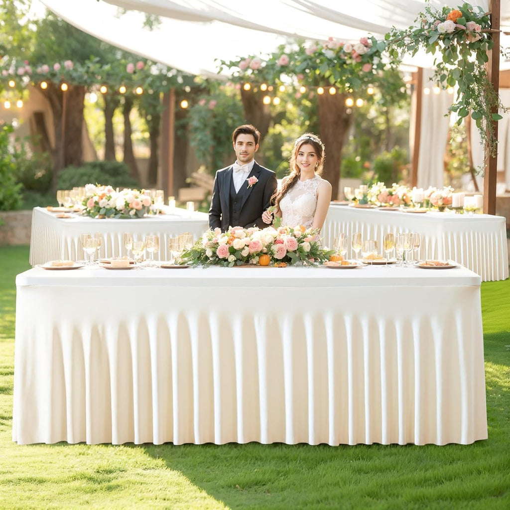 Besutolife 8 Pack Ivory Spandex Tablecloth for 6ft Rectangle Tables Fitted Table Cloth Stretch Table Covers Skirt 6ft Rectangular Tablecloths for Banquet Parties Wedding Decorations