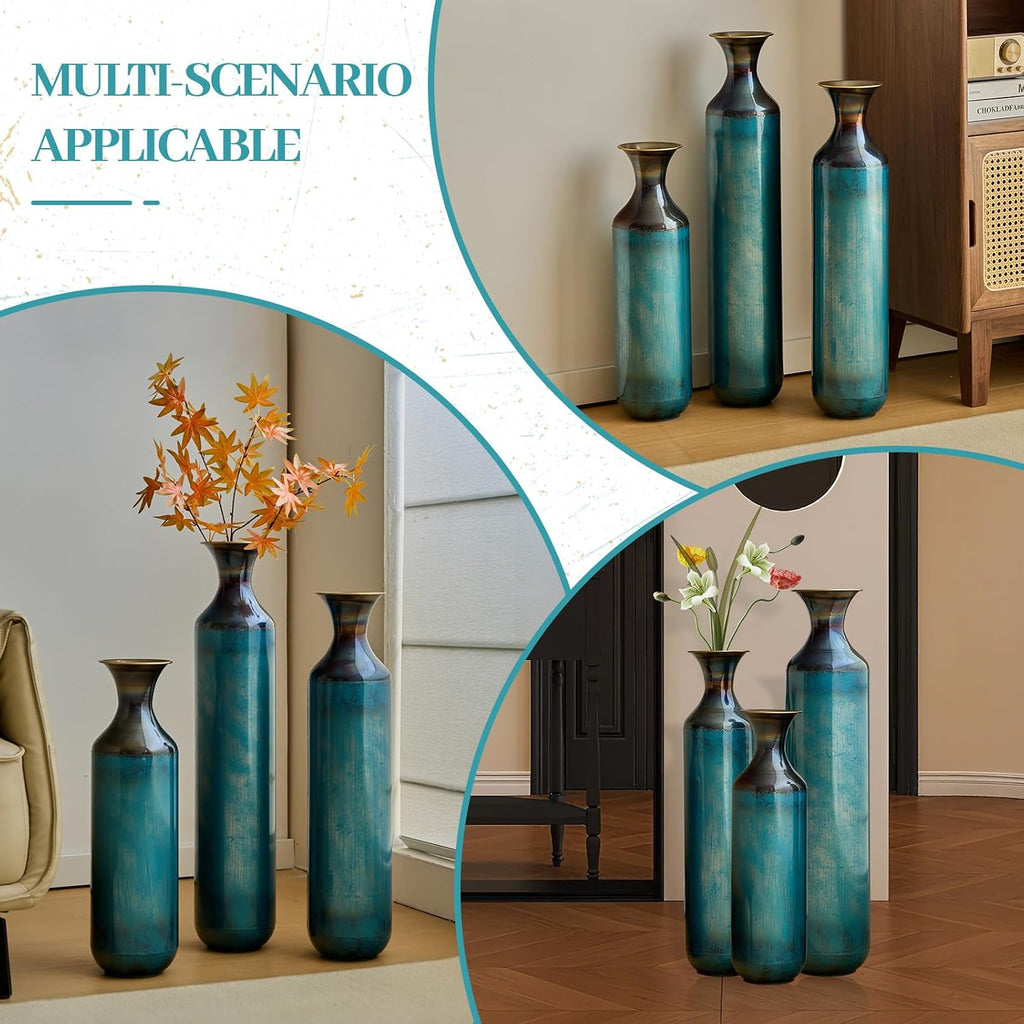 Floor Metal Decorated Vases Set of 3 for Gorgeous Home Decoration Large Glazed Metal Vases (Aqua Blue)
